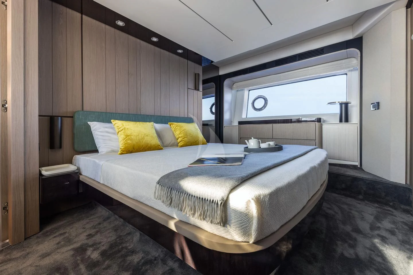 a bed in a room aboard SOLSTICE Yacht for Sale