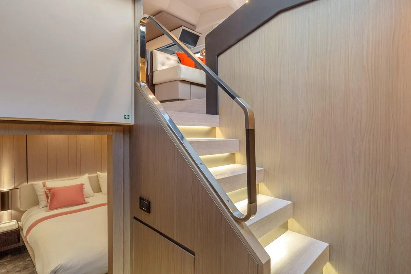 a bed in a room aboard SOLSTICE Yacht for Sale