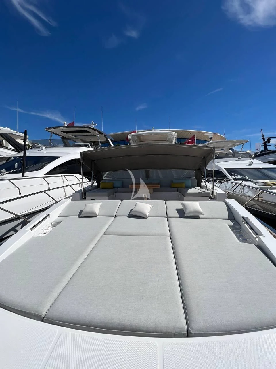 a row of white yachts aboard SOLSTICE Yacht for Sale