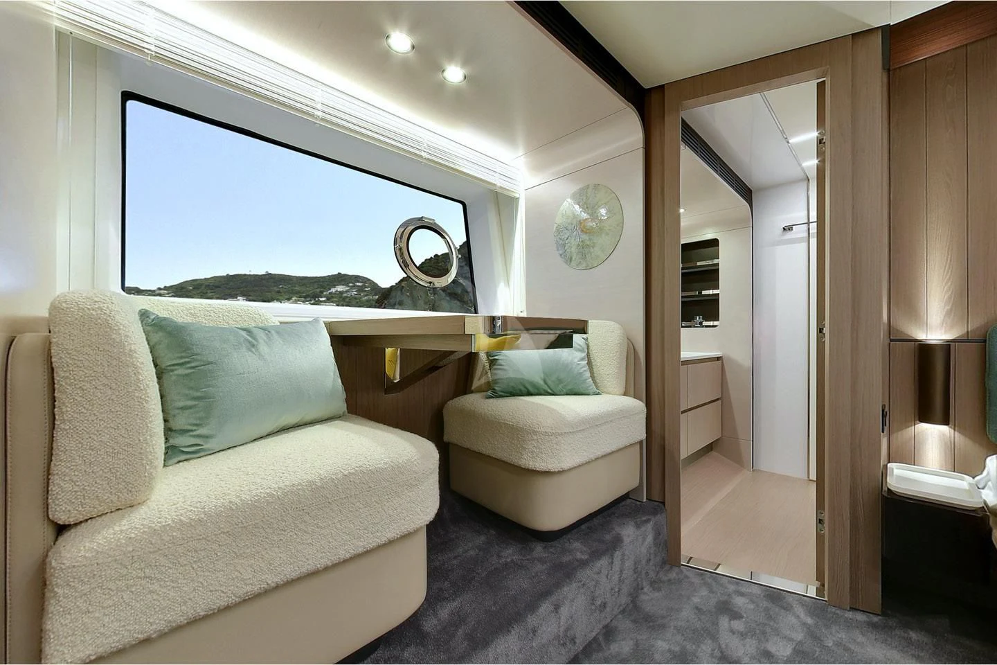 a room with a bed and a window aboard SOLSTICE Yacht for Sale