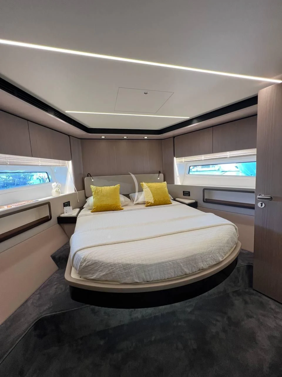 a bed in a room aboard SOLSTICE Yacht for Sale