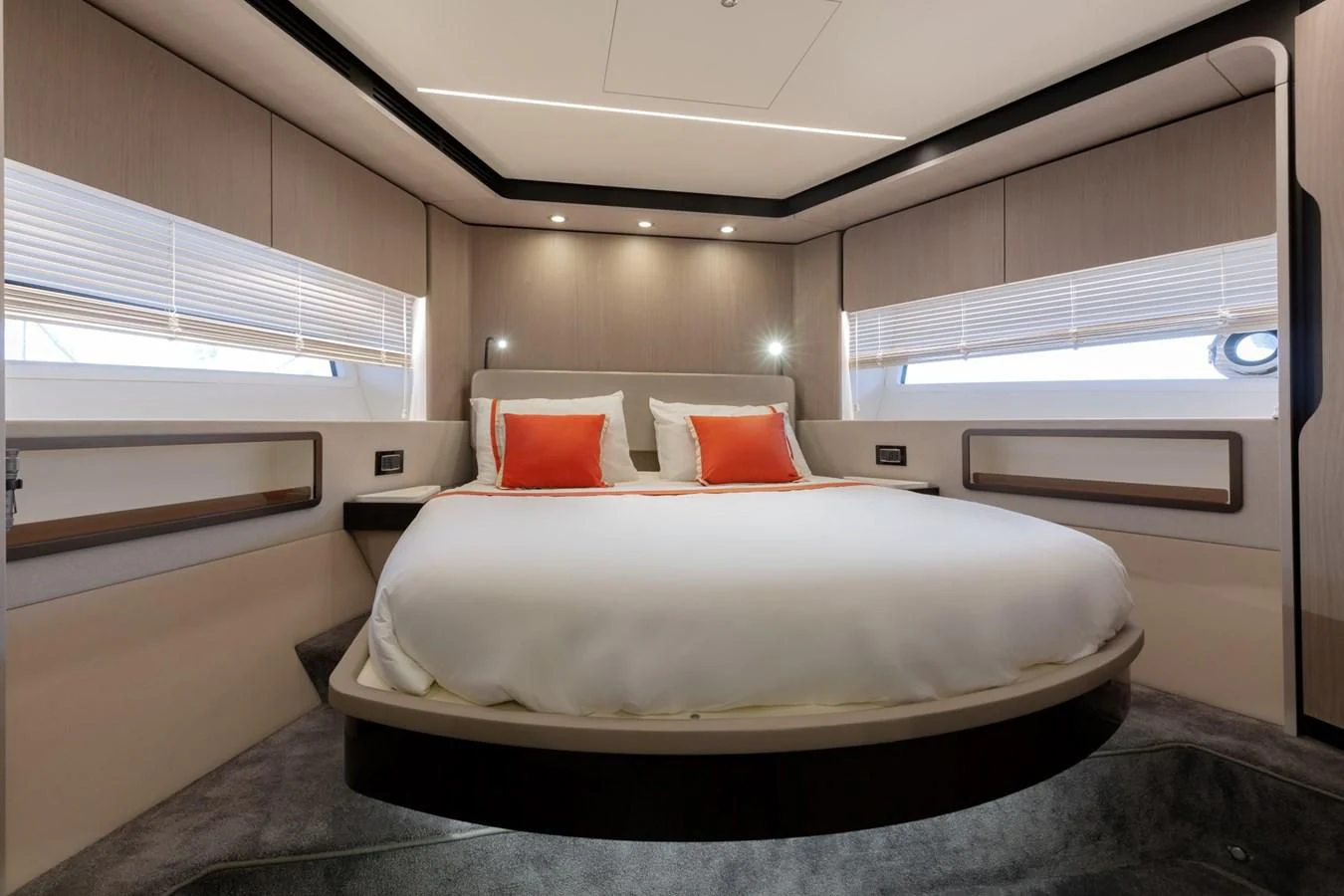 a bed in a room aboard SOLSTICE Yacht for Sale