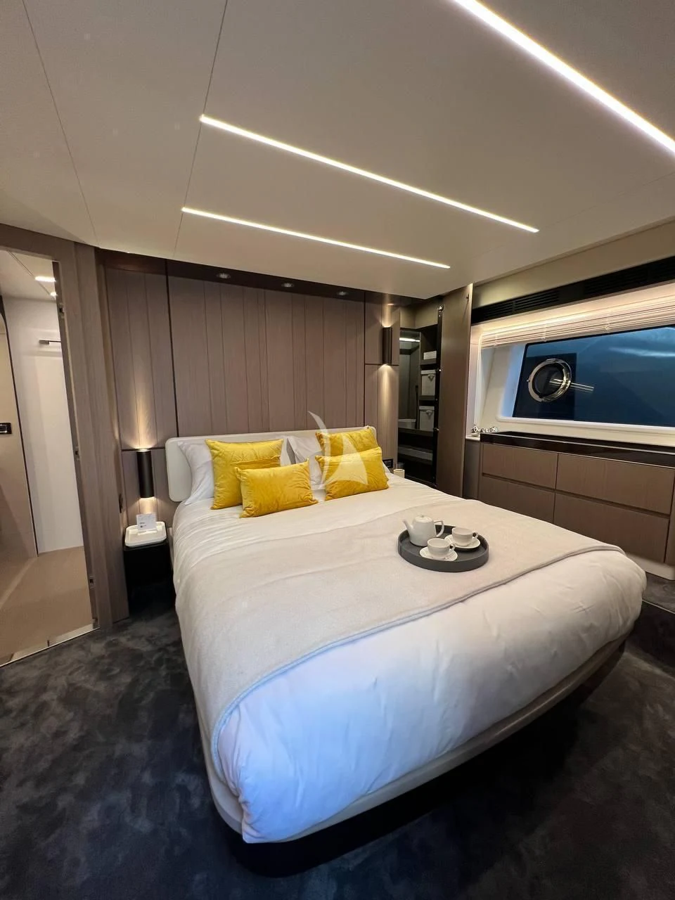 a bed in a room aboard SOLSTICE Yacht for Sale