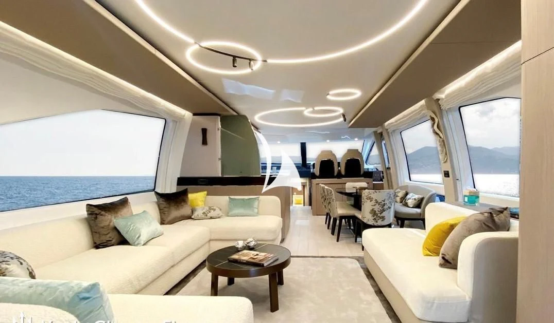 a living room with a large window aboard SOLSTICE Yacht for Sale
