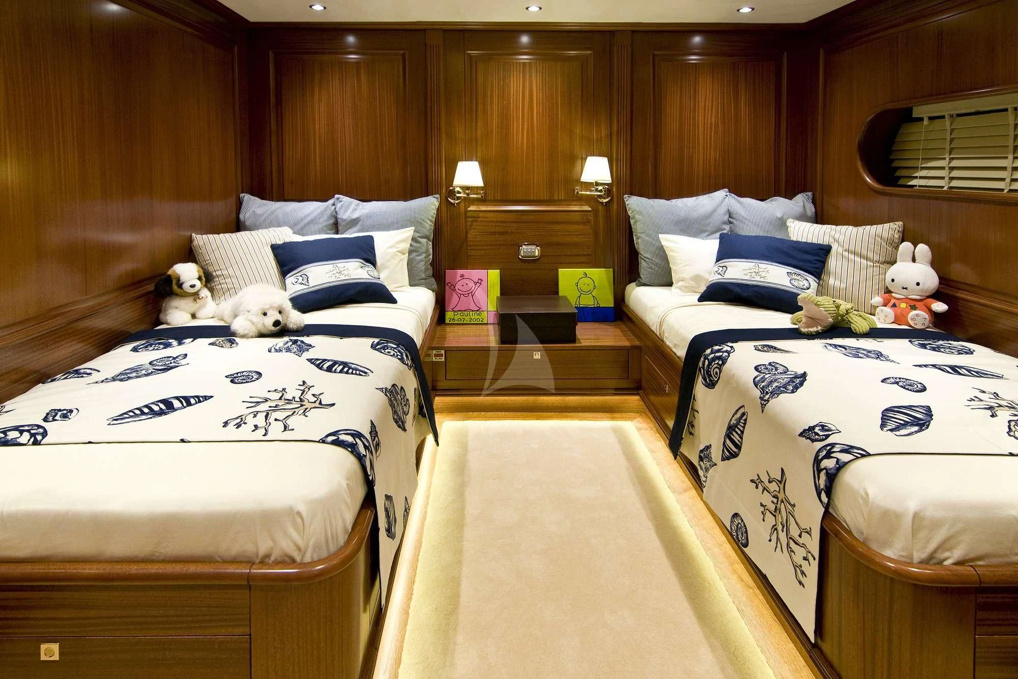 a room with two beds aboard CLEAR EYES Yacht for Sale