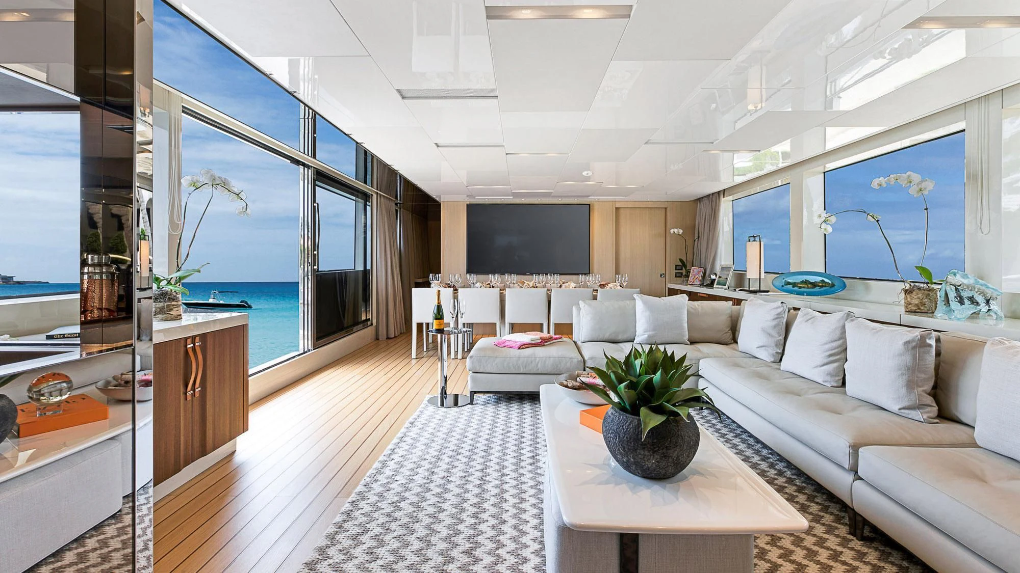 a living room with a large window aboard CLEAR EYES Yacht for Sale