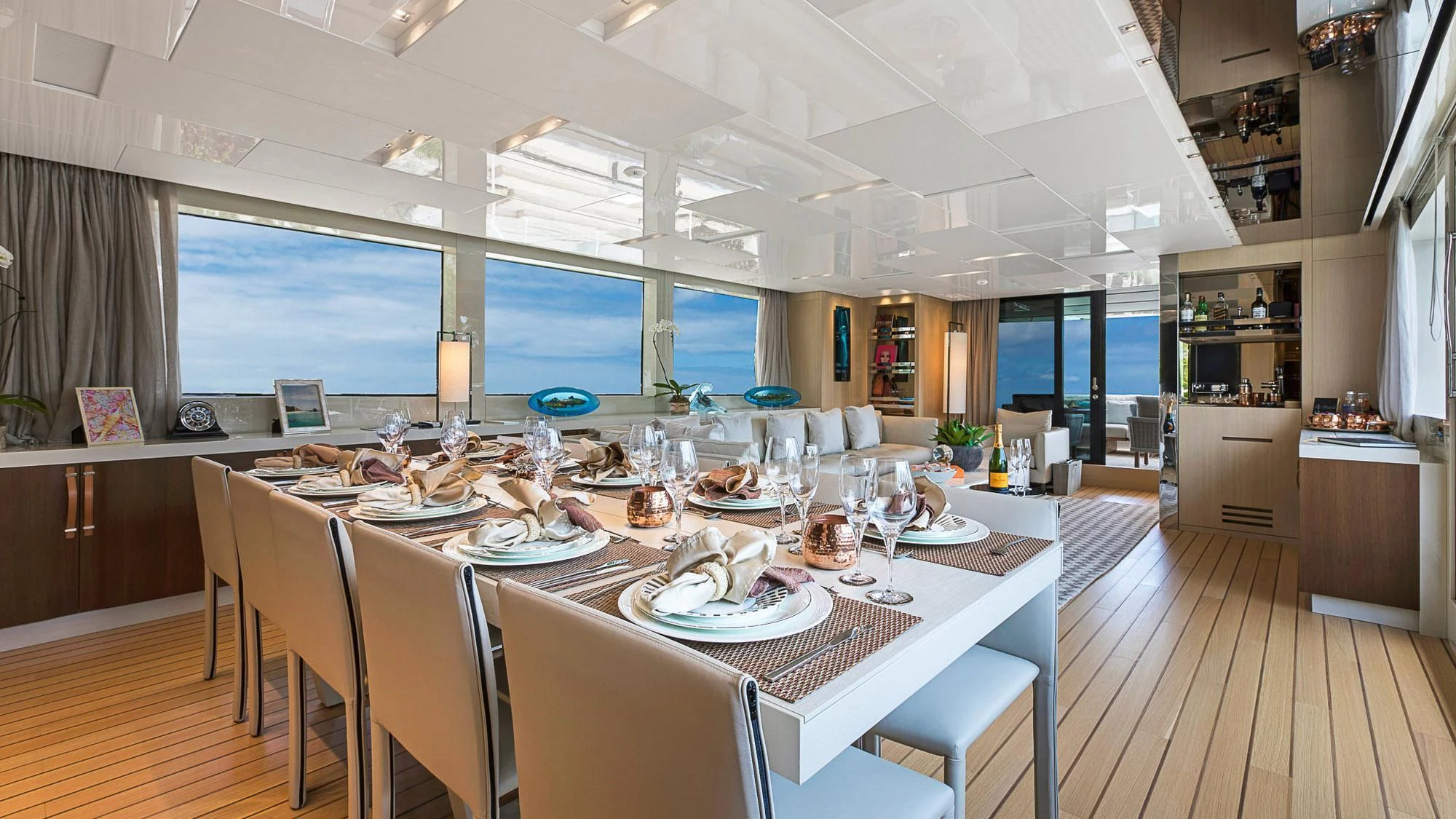 a large dining room with a large table and chairs aboard CLEAR EYES Yacht for Sale