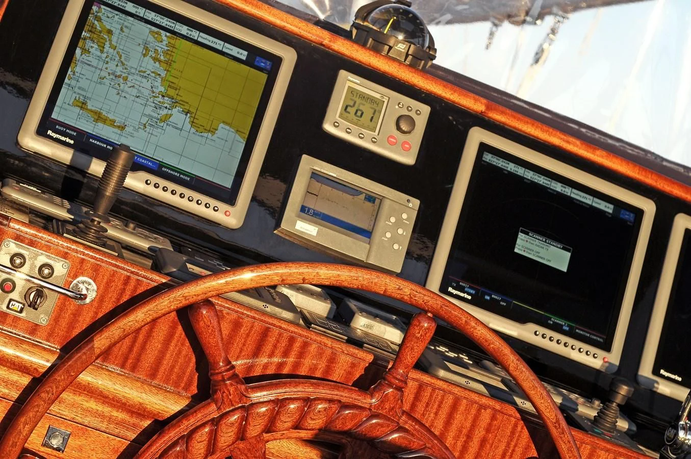 a group of electronic devices on a table aboard CLEAR EYES Yacht for Sale