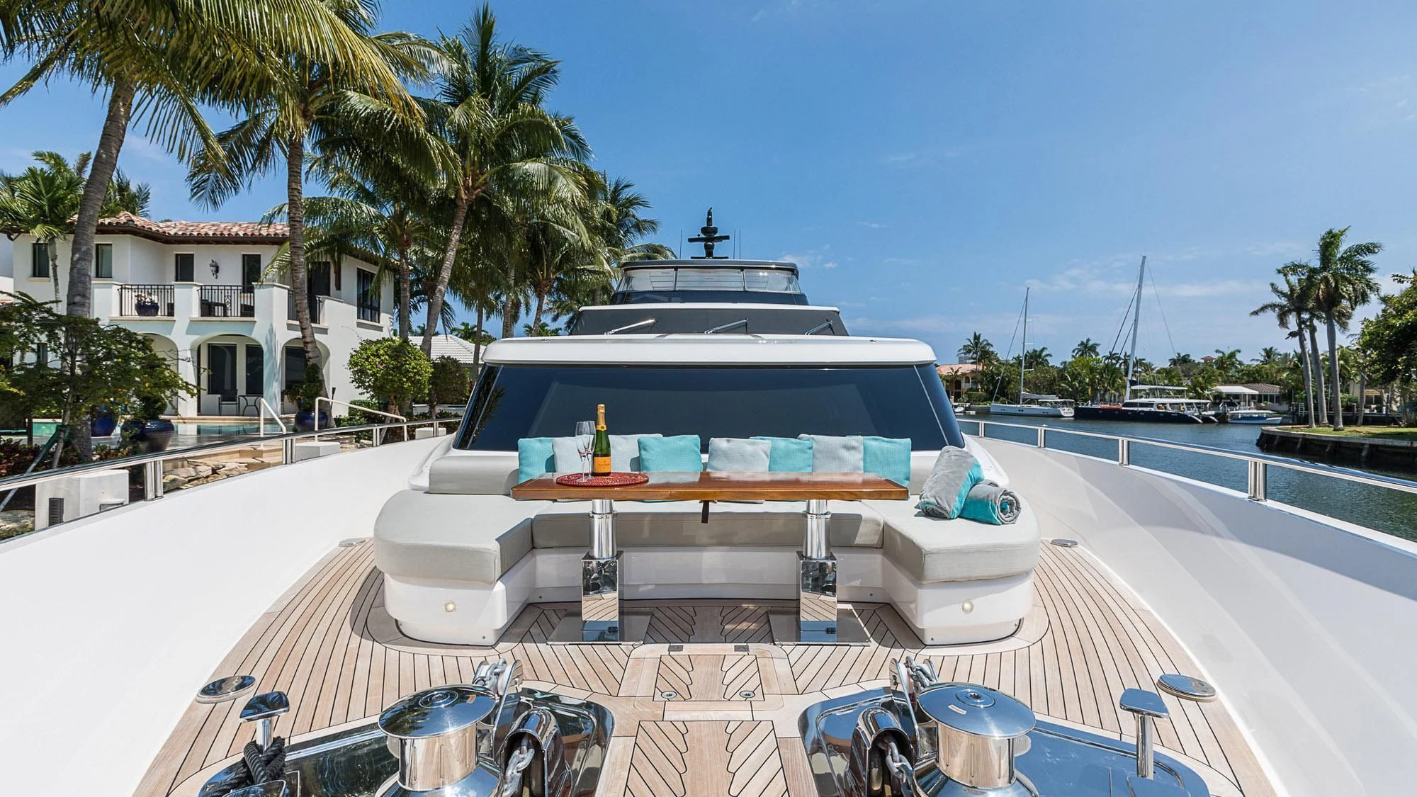 a large white boat on a dock aboard CLEAR EYES Yacht for Sale
