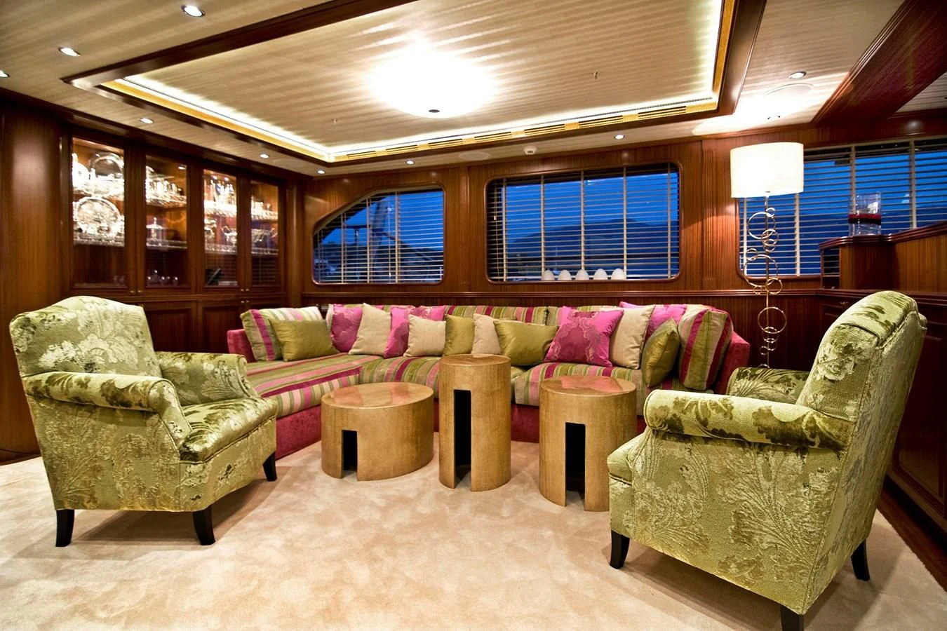 a living room with couches and a table aboard CLEAR EYES Yacht for Sale