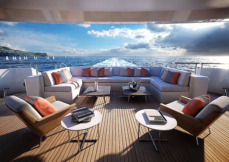 a living room with a large window aboard IRIS BLUE Yacht for Sale