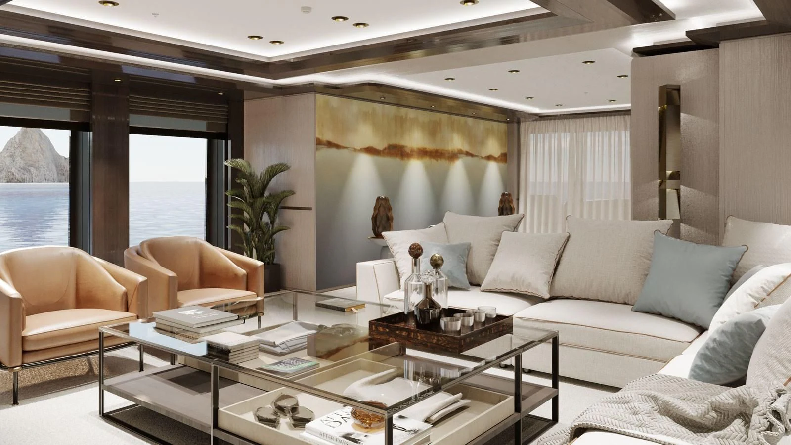 a living room with a large window aboard IRIS BLUE Yacht for Sale