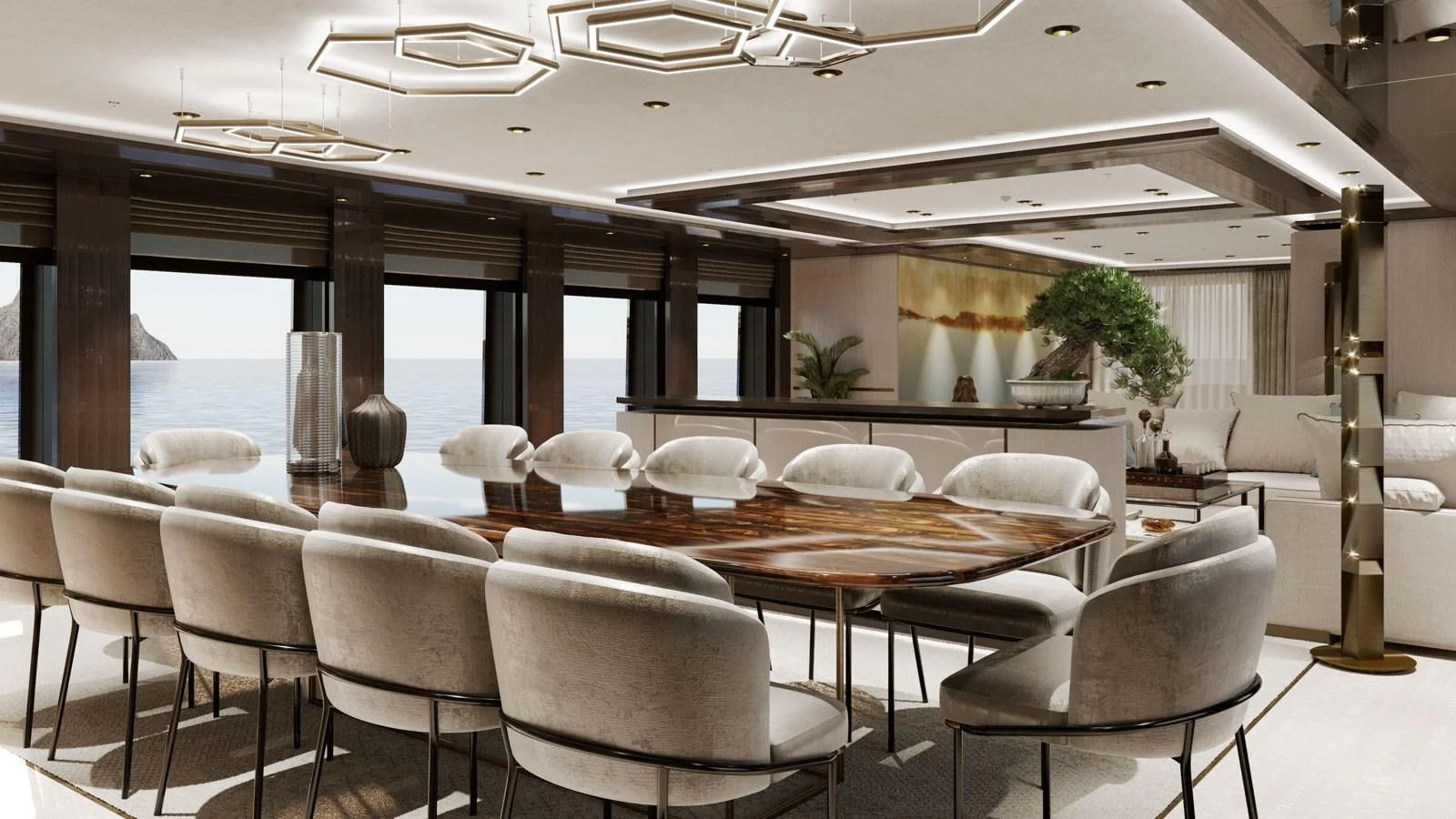 a large room with tables and chairs aboard IRIS BLUE Yacht for Sale