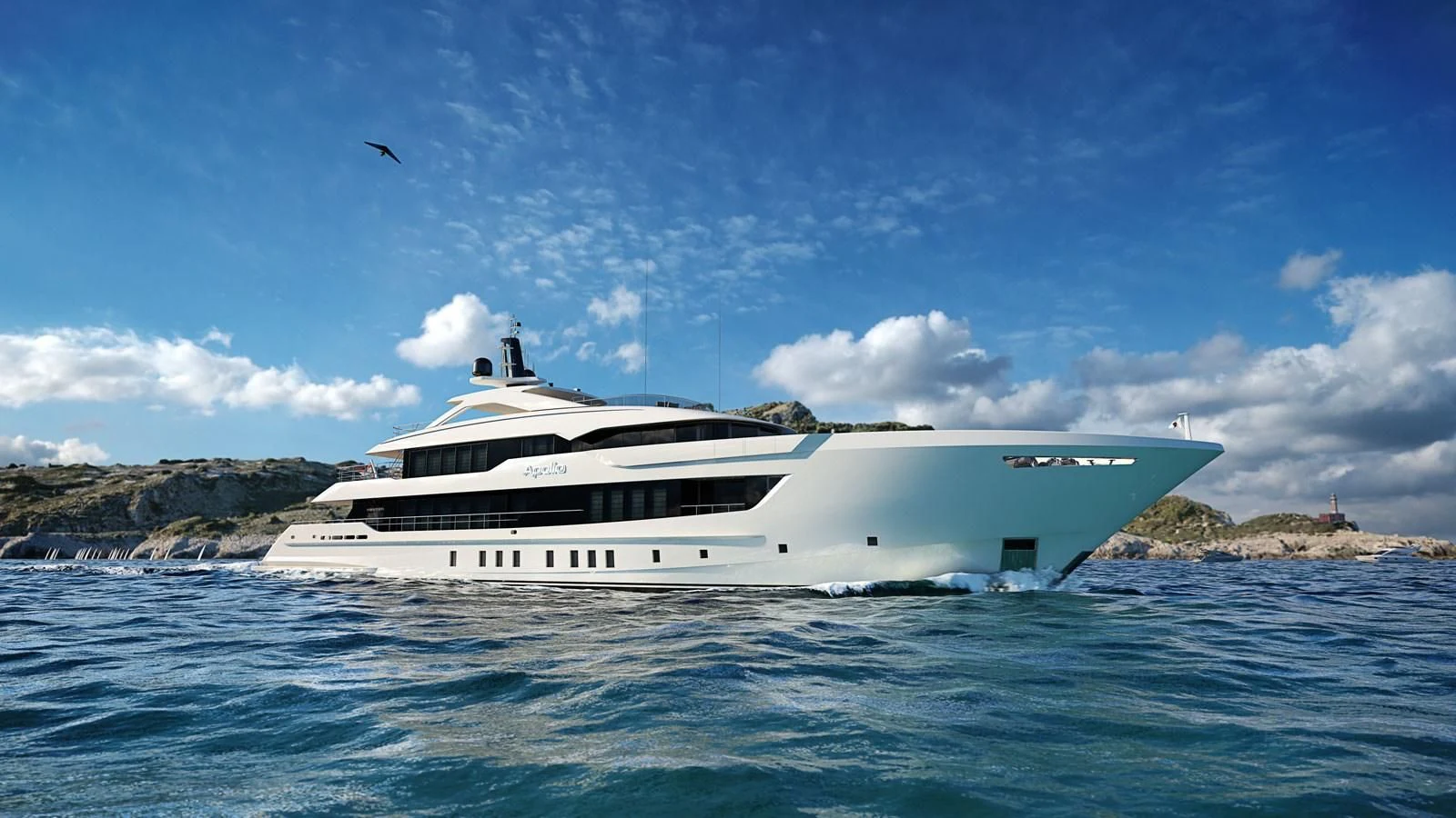 a white yacht in the water aboard IRIS BLUE Yacht for Sale