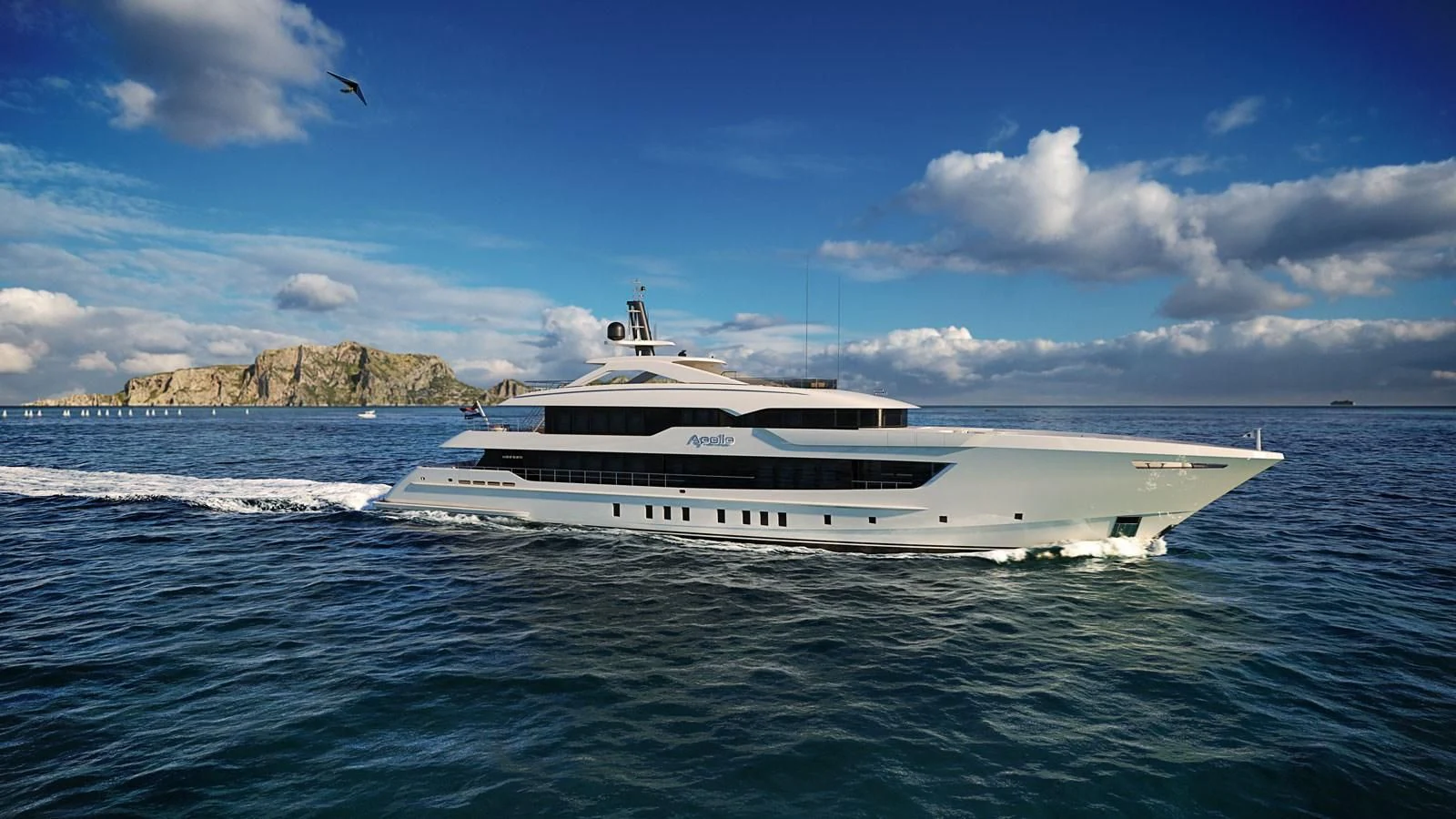 a white boat in the water aboard IRIS BLUE Yacht for Sale