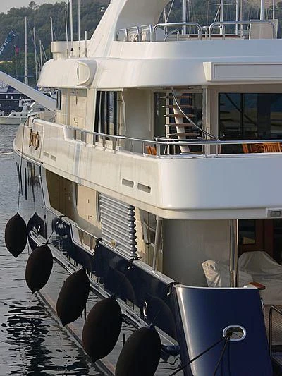 a boat with a large amount of tires on it aboard HARMONY Yacht for Sale