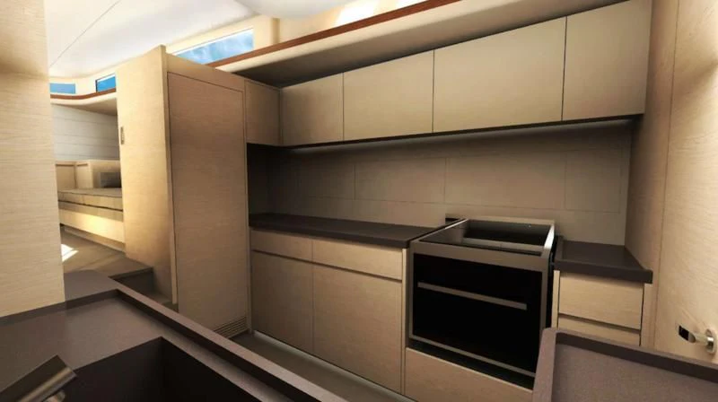 a kitchen with a stove and cabinets aboard MOKA III Yacht for Sale