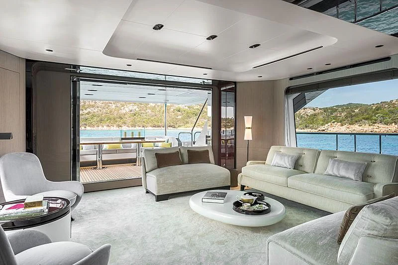 a living room with a large window aboard R.DARENBEN Yacht for Sale