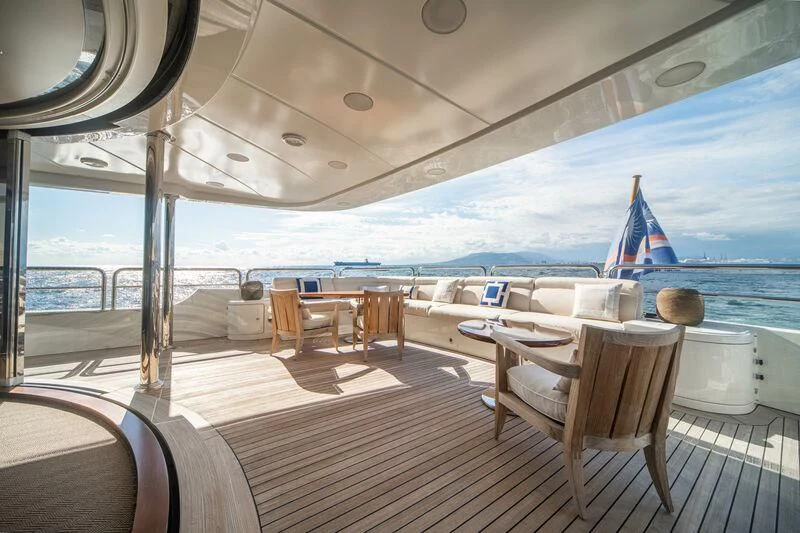 a deck with chairs and tables on it aboard CHECKMATE Yacht for Charter