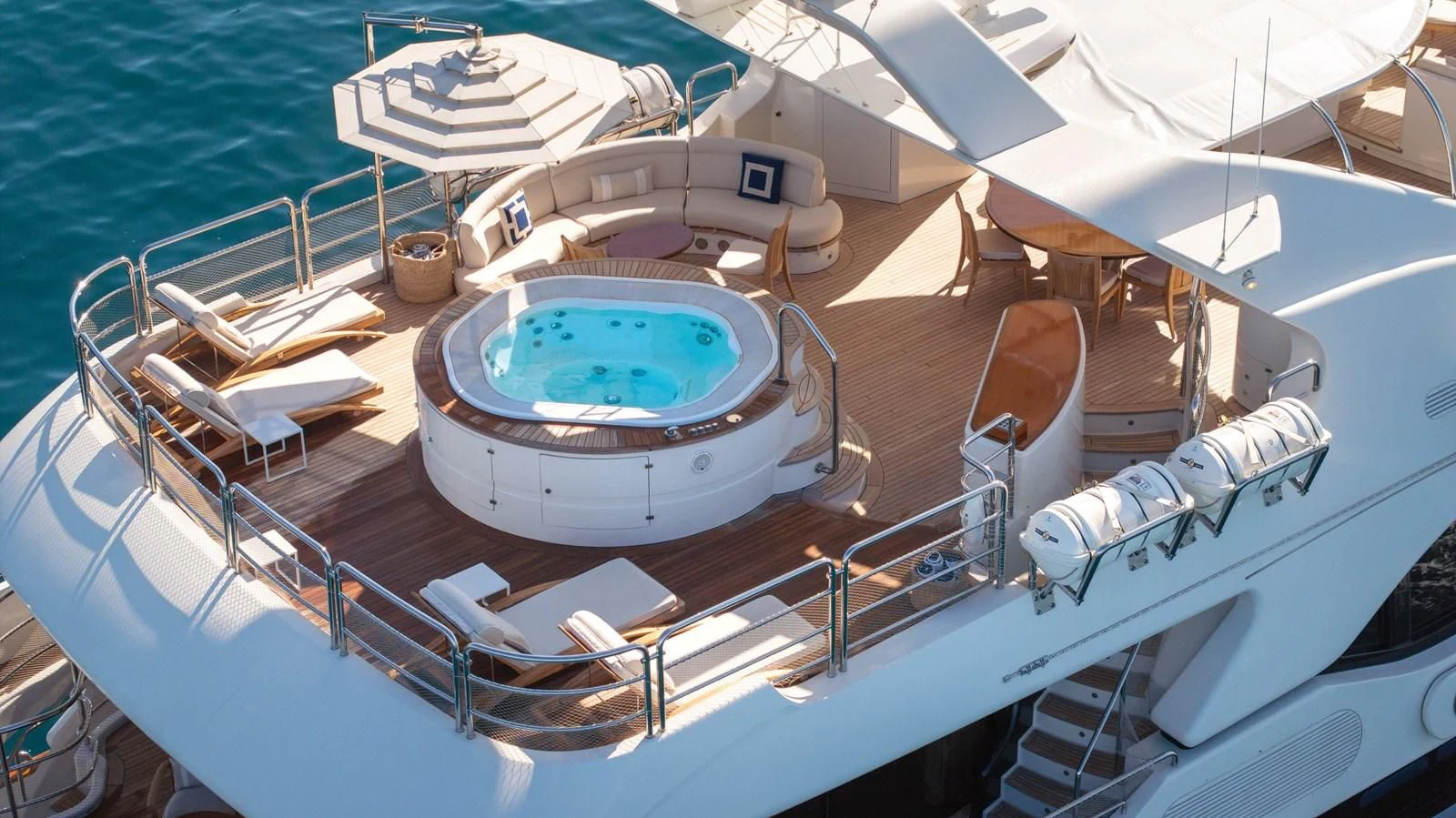 a boat with a large blue circle on the front aboard CHECKMATE Yacht for Charter