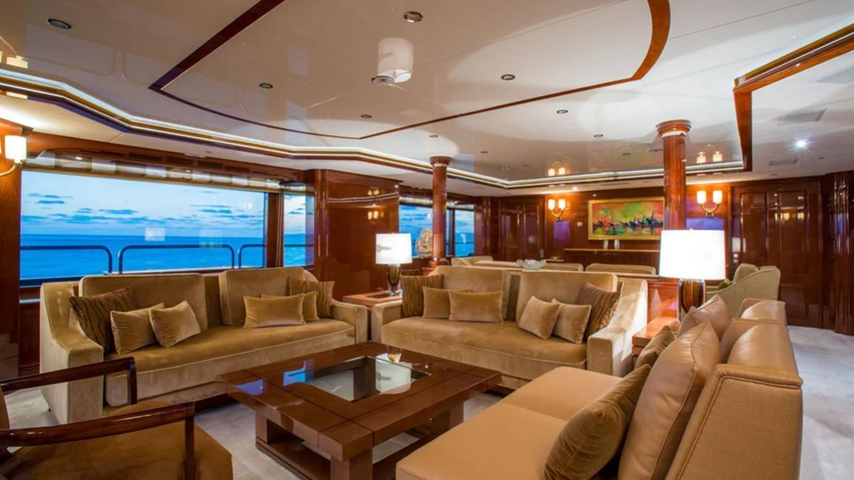 a living room with a large window aboard CHECKMATE Yacht for Charter