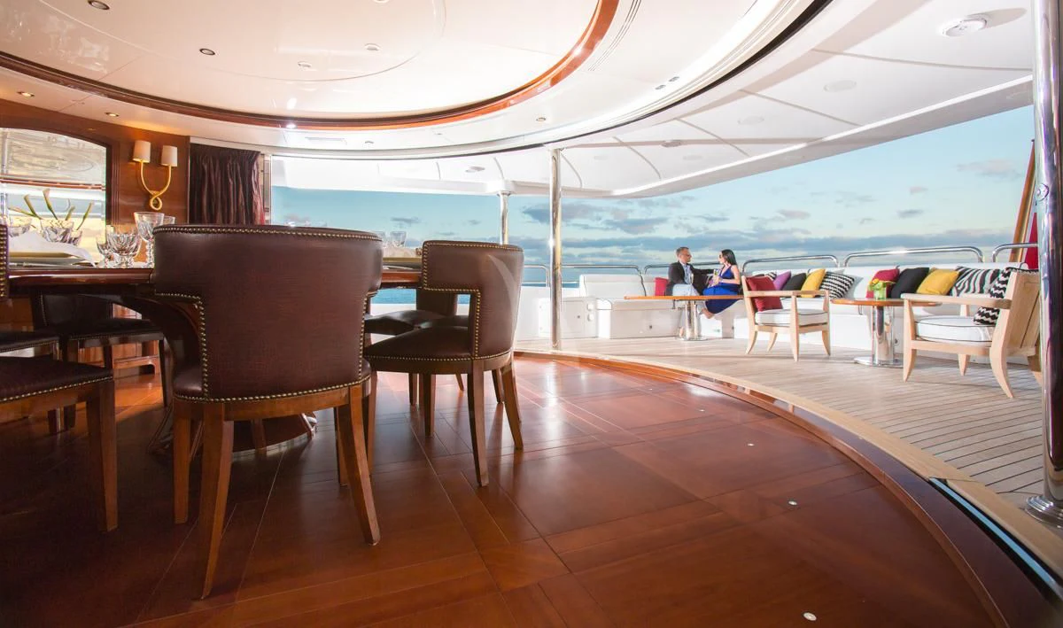 a restaurant with a large window aboard CHECKMATE Yacht for Charter