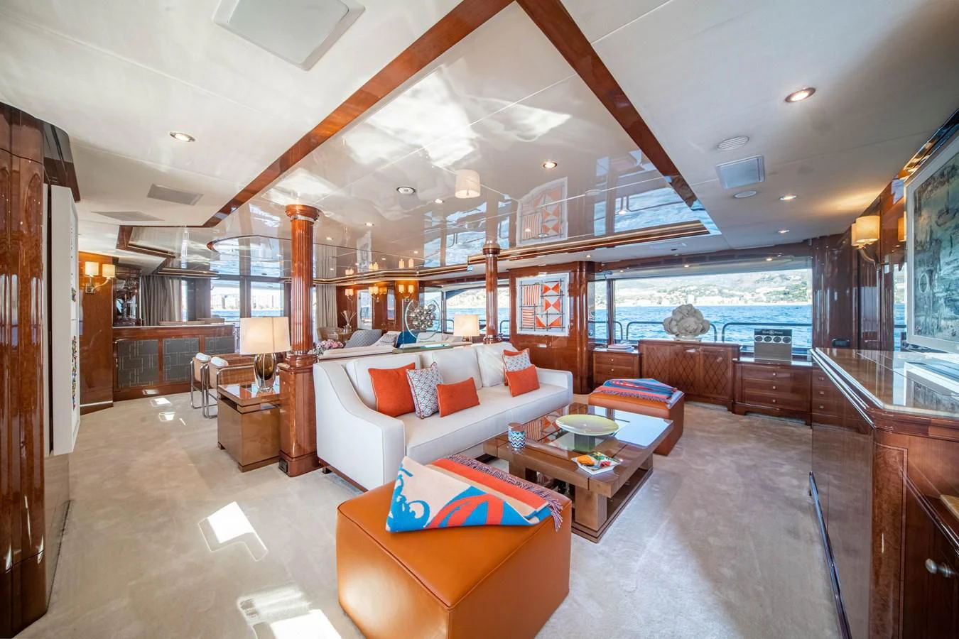a living room with a large window aboard CHECKMATE Yacht for Charter