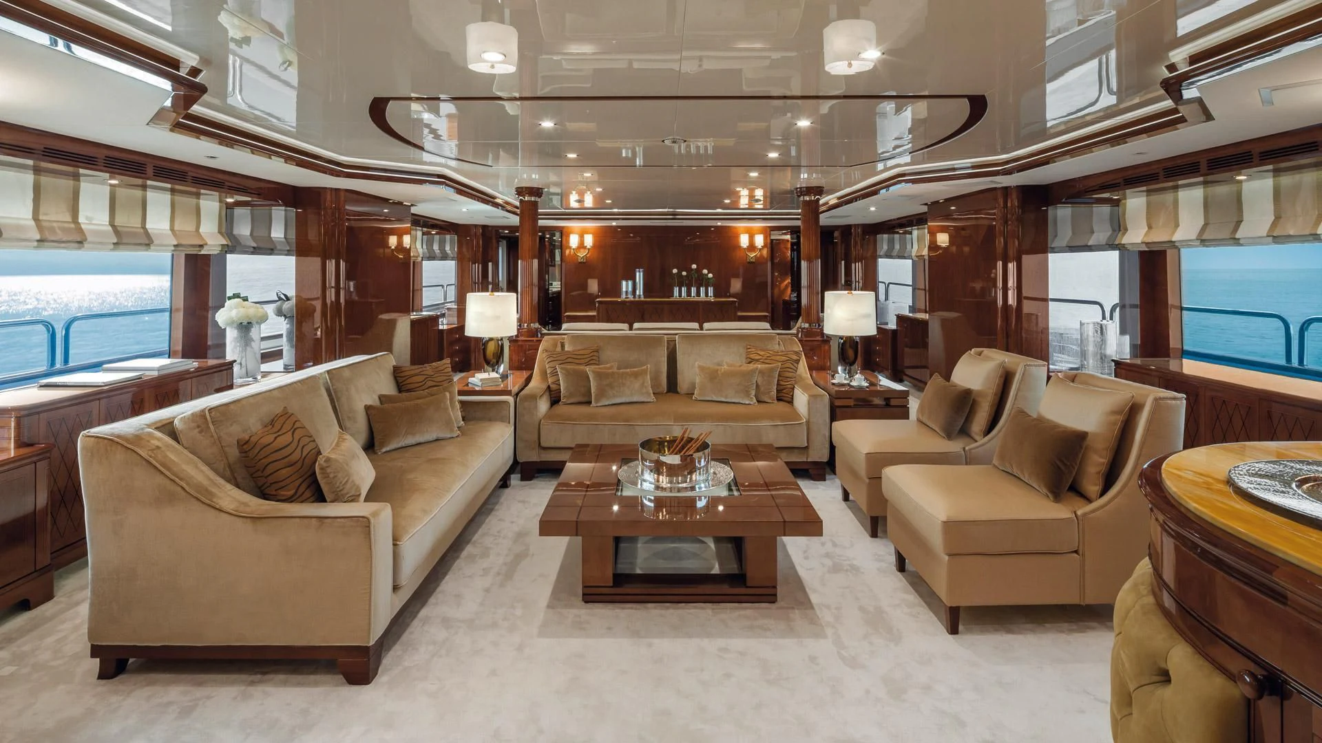 a living room with a large window aboard CHECKMATE Yacht for Charter