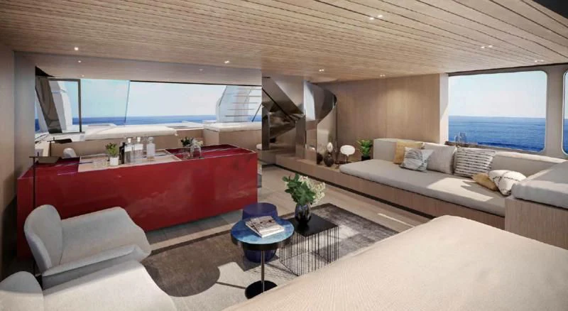 a living room with a large window aboard SANLORENZO SX100/119 Yacht for Sale