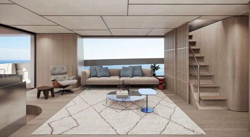 a living room with a large window aboard SANLORENZO SX100/119 Yacht for Sale