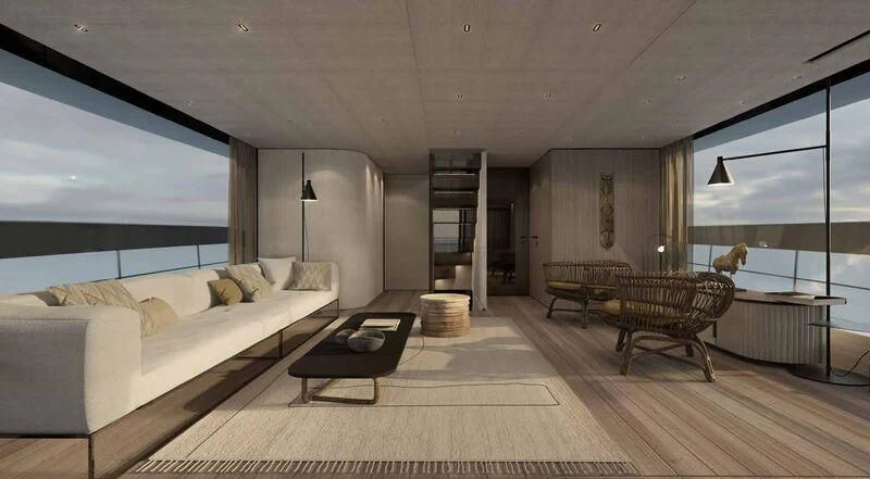 a modern bedroom with a large window aboard SANLORENZO SX100/119 Yacht for Sale