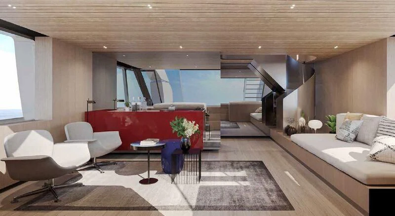 a living room with a red couch and white chairs aboard SANLORENZO SX100/119 Yacht for Sale