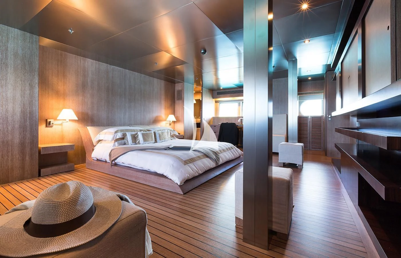 a room with a bed and a hat aboard MARIU Yacht for Sale