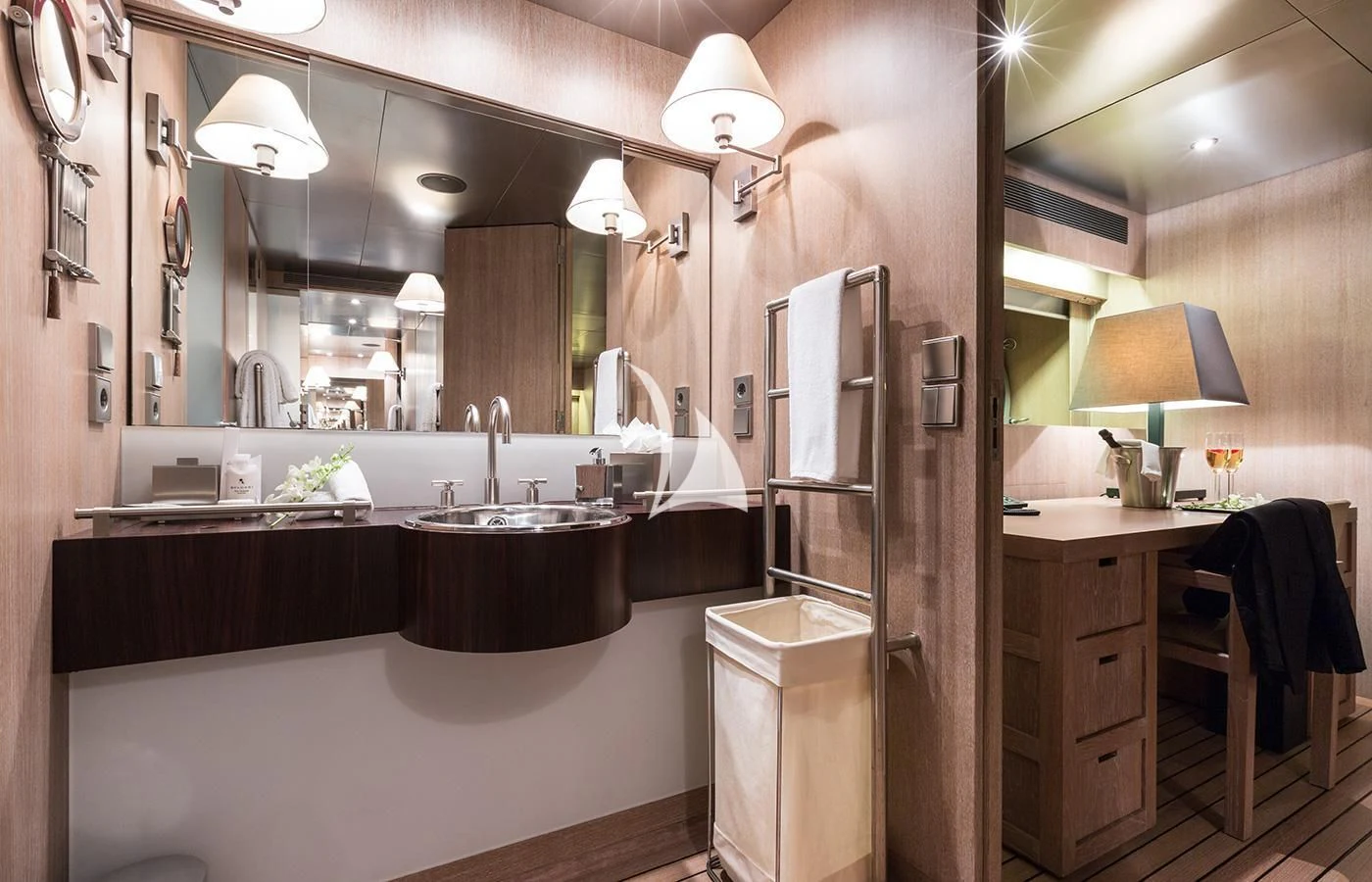 a bathroom with a large mirror aboard MARIU Yacht for Sale