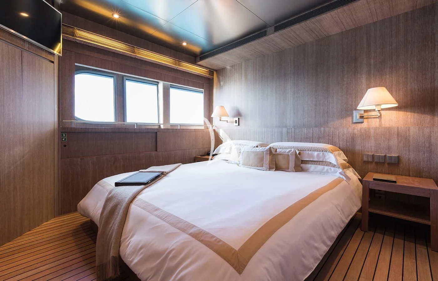 a room with two beds aboard MARIU Yacht for Sale