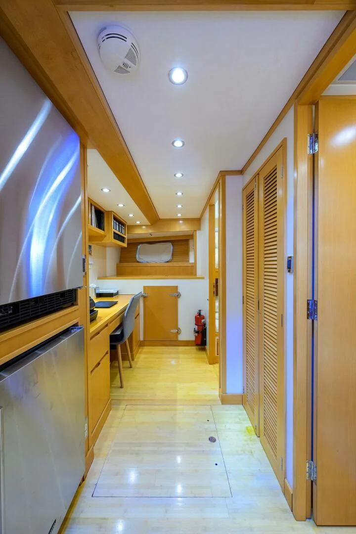 a kitchen with a large window aboard ELECTRA Yacht for Sale