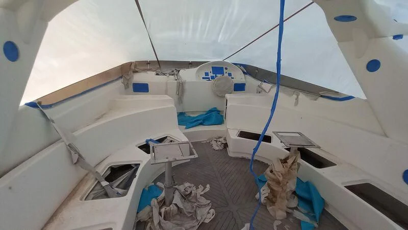 a room with a white ceiling and a white ceiling with blue and white tiles aboard MY LADY ROSE Yacht for Sale