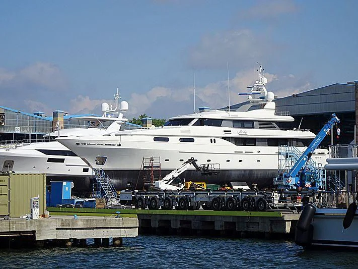 a large white boat docked at a pier aboard THEOLINA Yacht for Sale