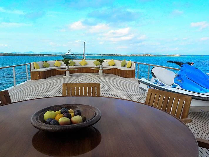 a bowl of fruit on a table aboard TRAFALGAR Yacht for Sale
