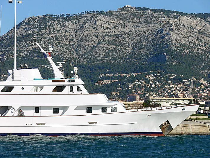 a large white boat in the water aboard TRAFALGAR Yacht for Sale