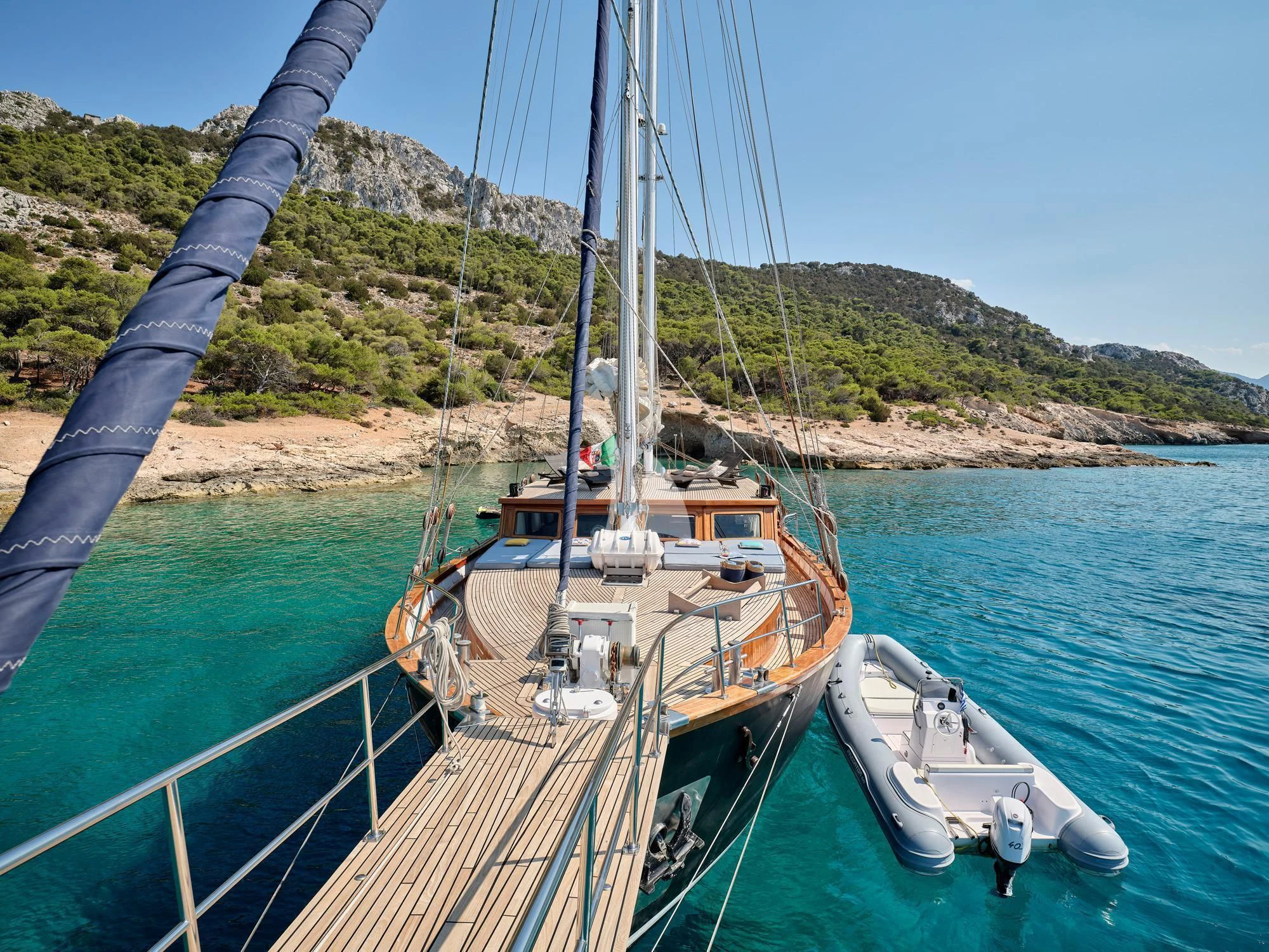 a boat tied to a rope aboard MYRA Yacht for Sale