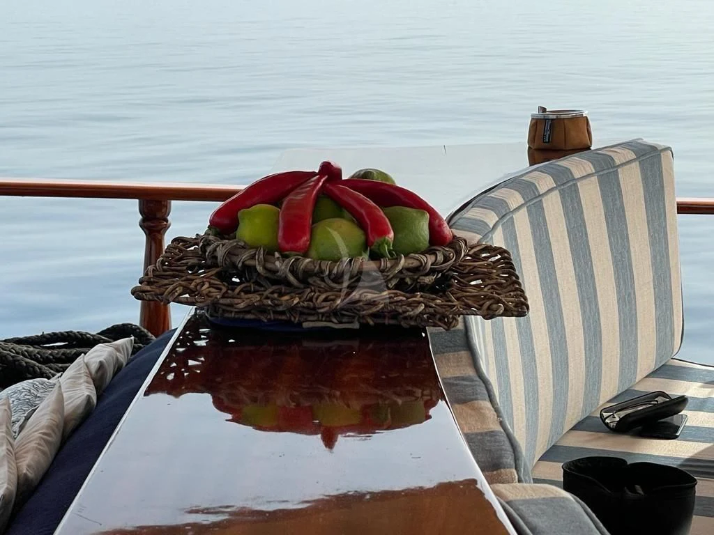 a boat with a hat on it aboard MYRA Yacht for Sale
