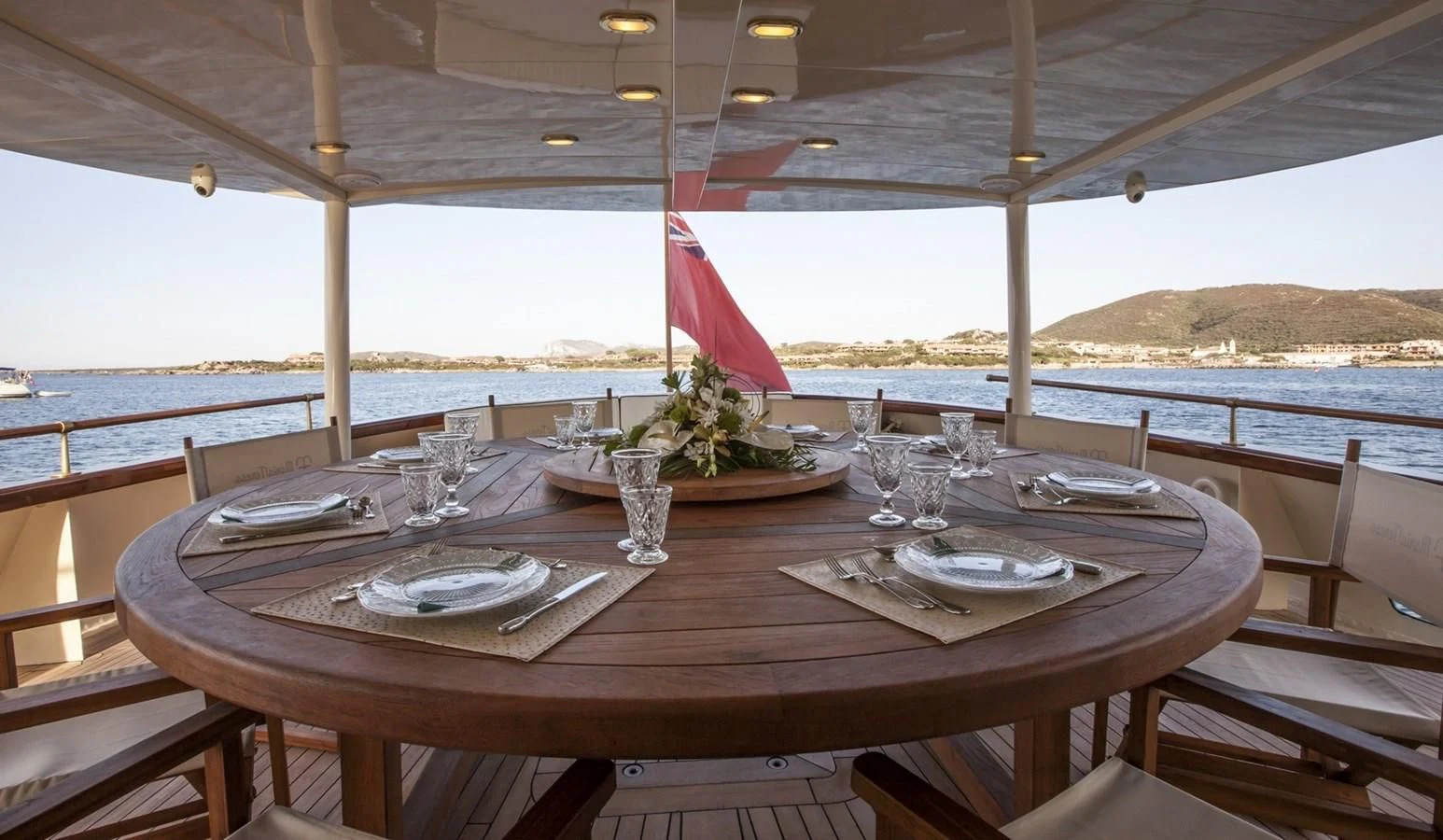 a table with plates and glasses on it aboard MARIA TERESA Yacht for Sale
