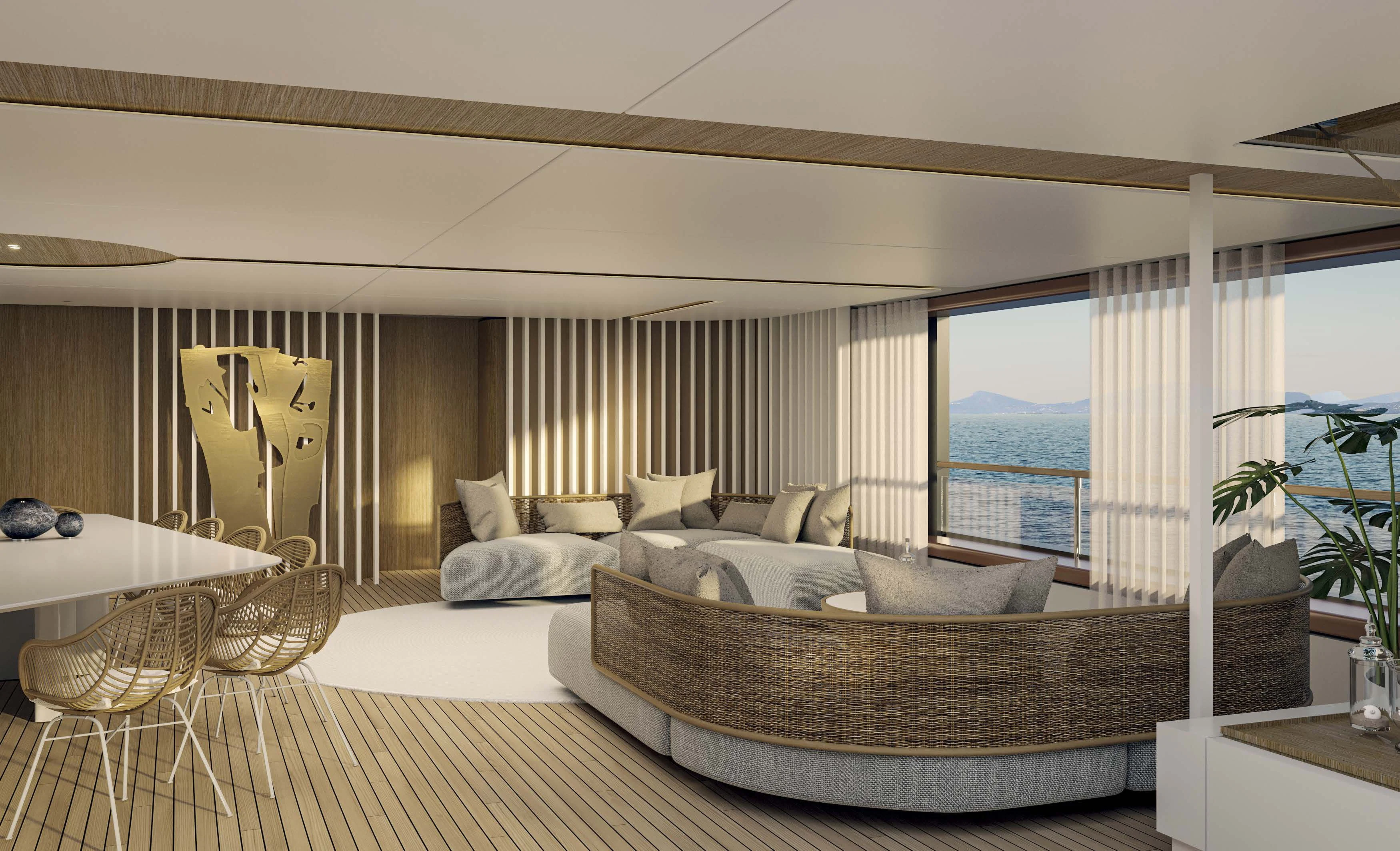 a large living room with a large window aboard MOTOPANFILO 45M BMP502 Yacht for Sale