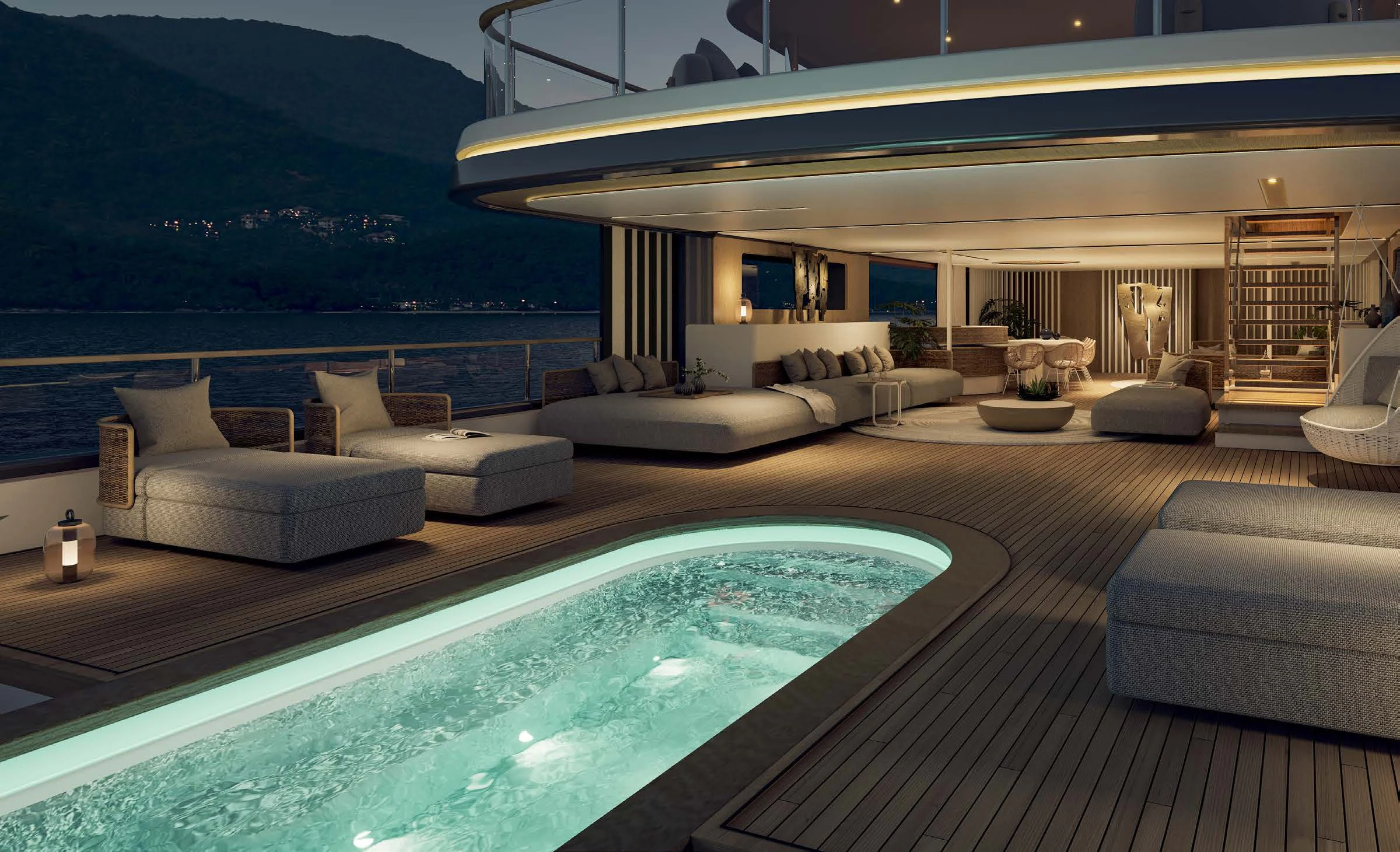 a large living room with a large swimming pool aboard MOTOPANFILO 45M BMP502 Yacht for Sale