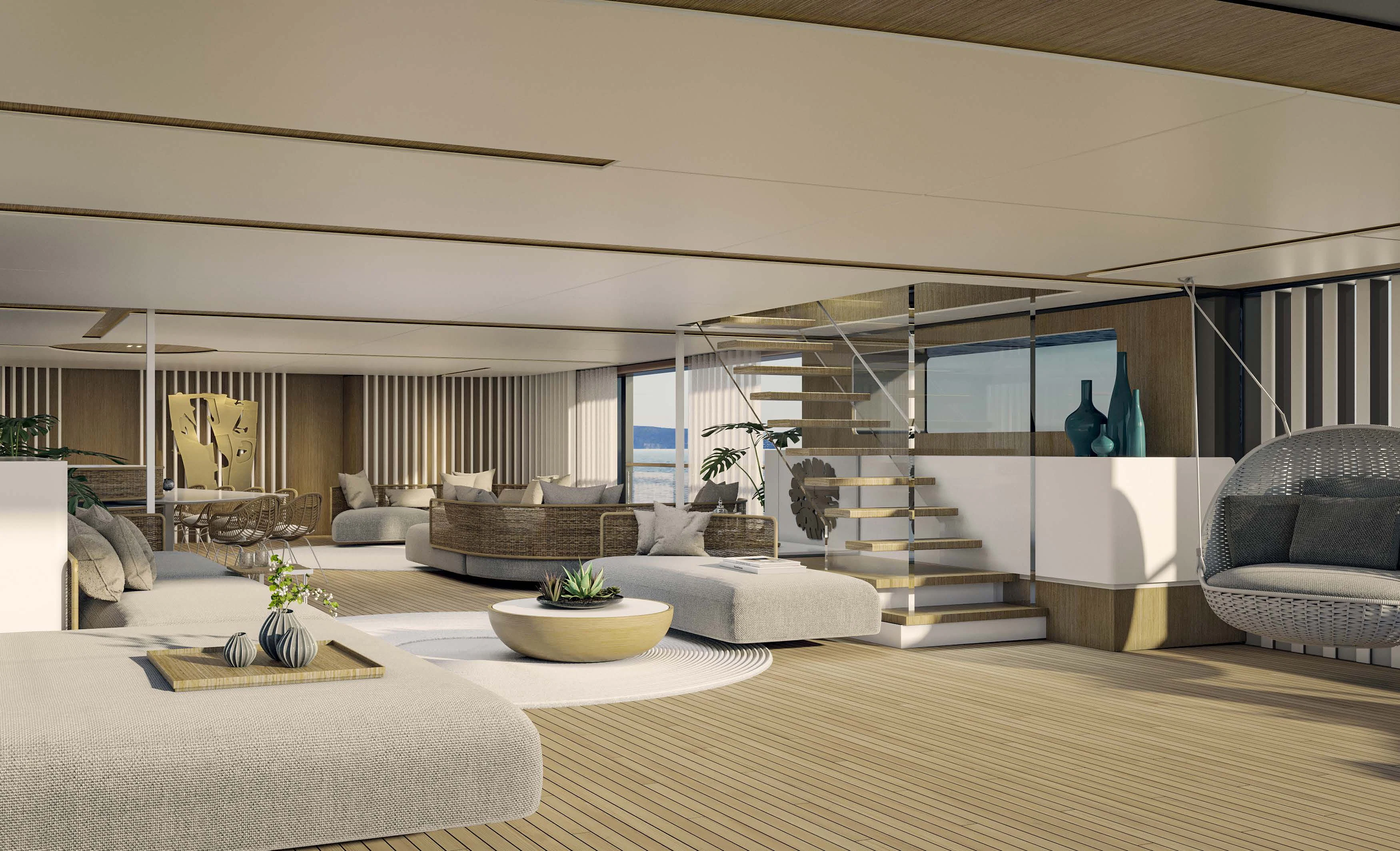 a modern living room with white furniture aboard MOTOPANFILO 45M BMP502 Yacht for Sale