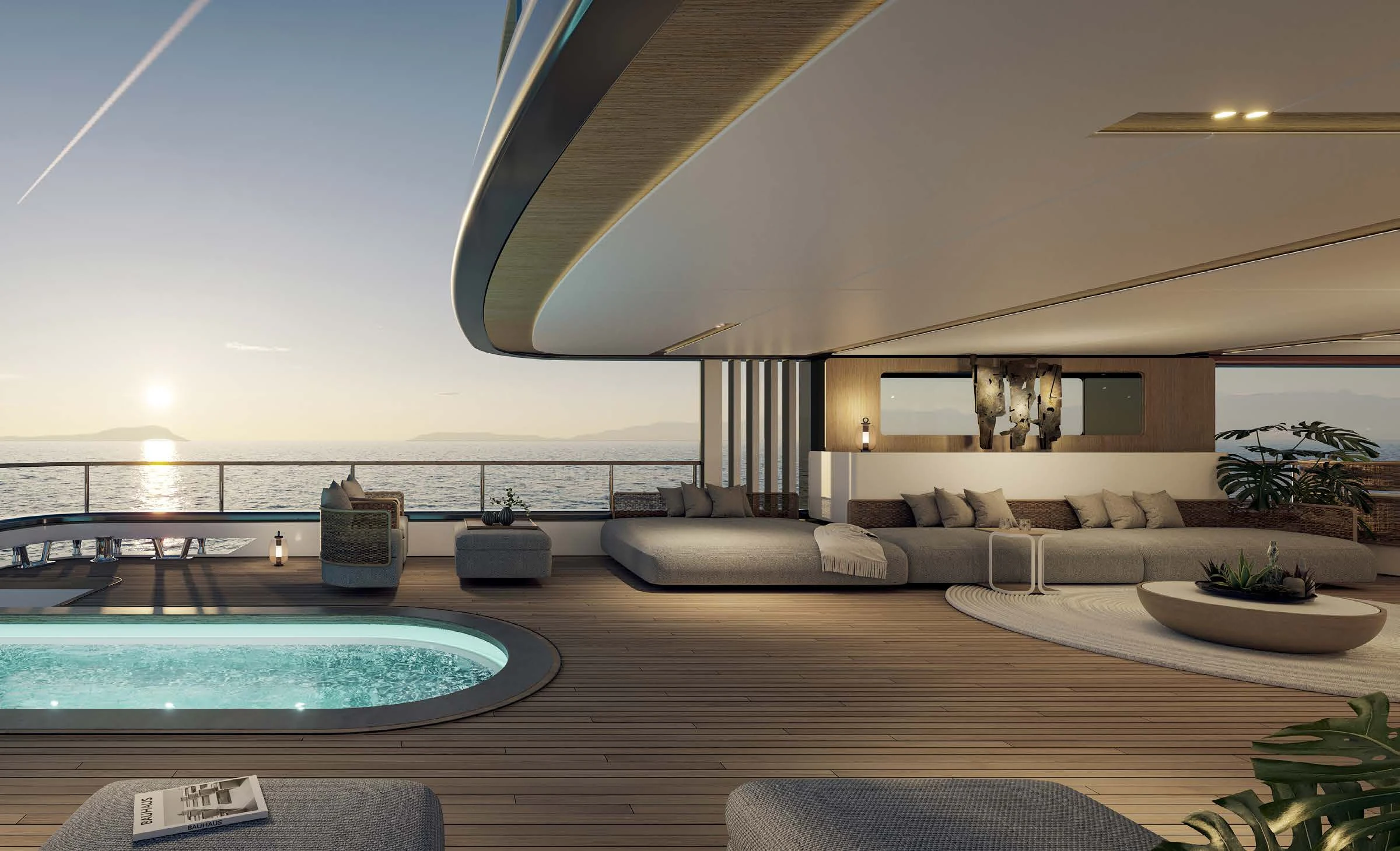 a modern living room with a large swimming pool aboard MOTOPANFILO 45M BMP502 Yacht for Sale