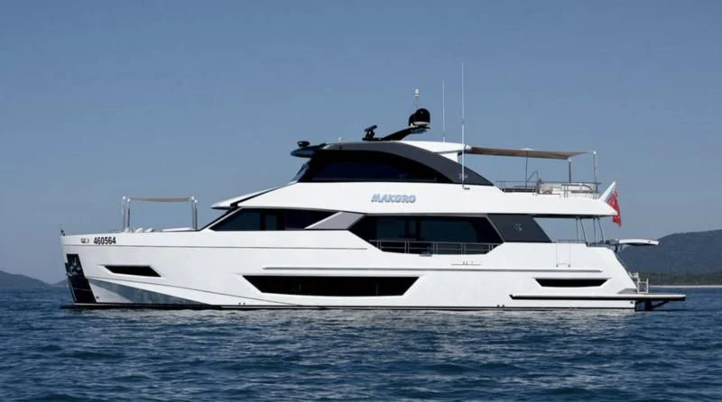 a white yacht on the water aboard MAKORO Yacht for Sale