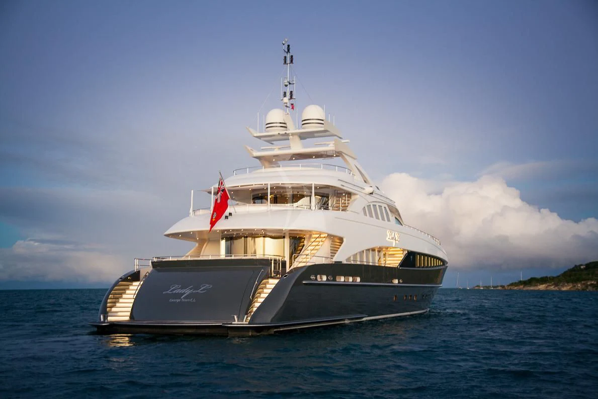 a large ship in the water aboard LADY L Yacht for Charter
