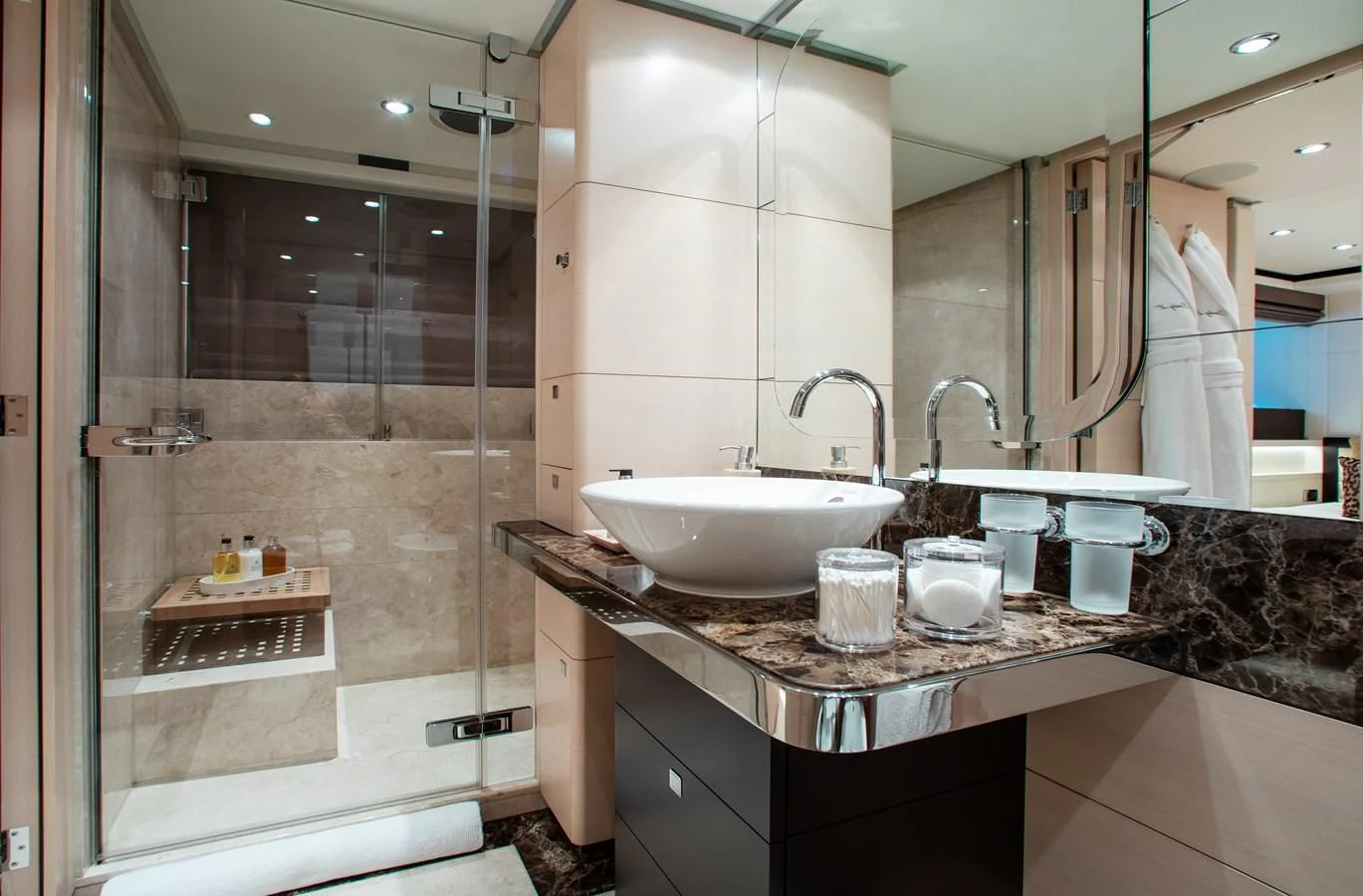 a bathroom with a glass shower aboard LADY L Yacht for Charter